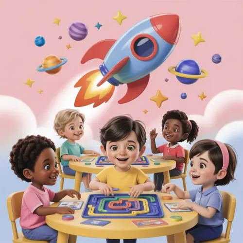 ابدأ الإبداع مجموعة أطفال يمارسون أنشطة ذهنية تعليمية ومتاهات في عالم الأنشطة بمتجر AndeeStore أنديز ستور مع خلفية فضاء وصاروخ.