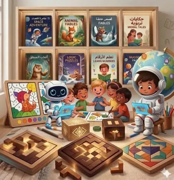 ابدأ الإبداع رسم توضيحي لأطفال يتفاعلون مع روبوت ورائد فضاء صغير يقرؤون من أجهزة لوحية، أمام رفوف تضم قصصاً تعليمية مثل حكايات تربوية ومغامرة الفضاء، مع ألعاب ذكاء خشبية ووسائل تلوين مبتكرة.