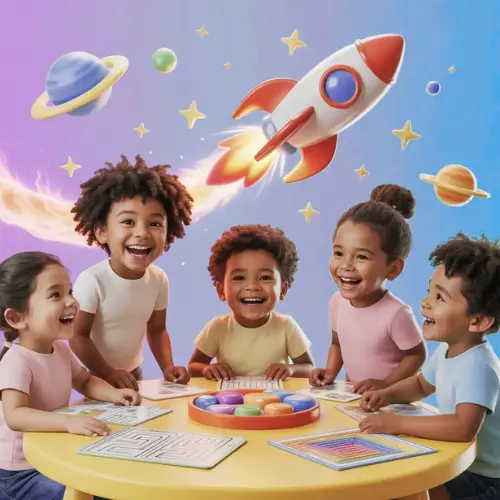 ابدأ الإبداع مجموعة أطفال يمسكون ببطاقات وأنشطة تعليمية هدايا Andee في متجر AndeeStore أنديز ستور مع خلفية فضاء وصاروخ.