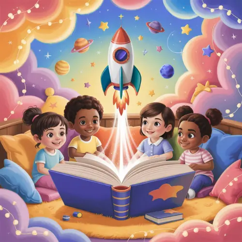 ابدأ الإبداع أطفال يقرؤون قصصاً خيالية في ركن القصص بمتجر AndeeStore أنديز ستور مع انطلاق صاروخ فضائي من الكتاب.
