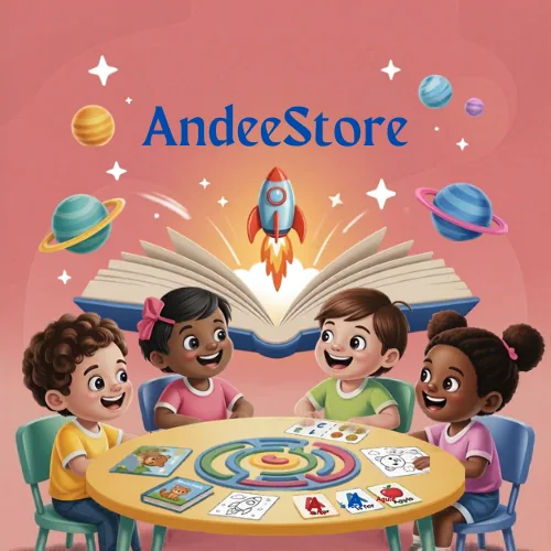 أطفال يشاركون في أنشطة تعليمية وإبداعية في متجر أنديز ستور AndeeStore، تشمل التلوين والقصص وبطاقات التعليم والذكاء.