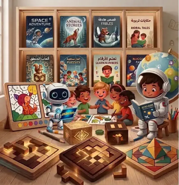 رسم توضيحي لأطفال يتفاعلون مع روبوت ورائد فضاء صغير يقرؤون من أجهزة لوحية، أمام رفوف تضم قصصاً تعليمية مثل حكايات تربوية ومغامرة الفضاء، مع ألعاب ذكاء خشبية ووسائل تلوين مبتكرة.