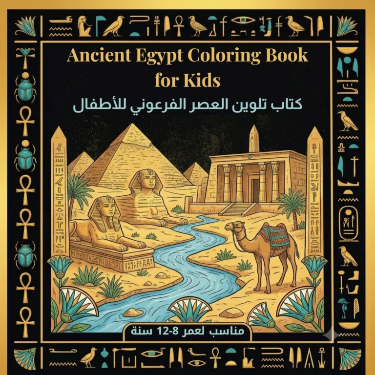 غلاف كتاب تلوين العصر الفرعوني للأطفال يحتوي على رسومات الأهرامات وأبو الهول.