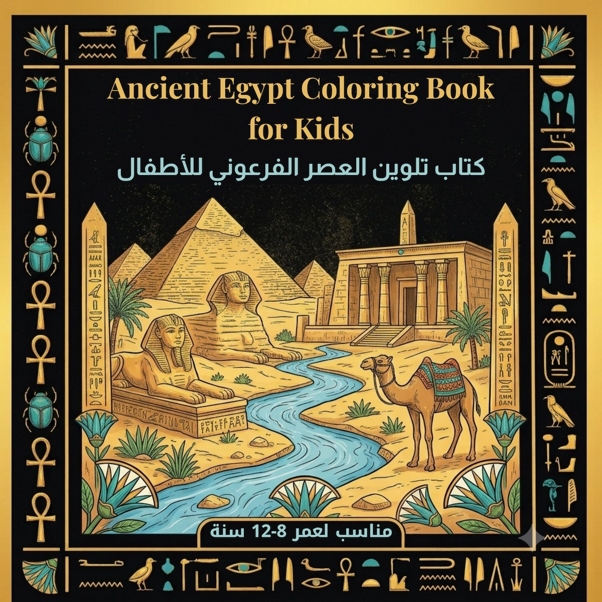 كتاب تلوين العصر الفرعوني للأطفال - أنشطة تعليمية وممتعة غلاف كتاب تلوين العصر الفرعوني للأطفال يحتوي على رسومات الأهرامات وأبو الهول.