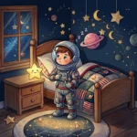 مشهد ليلي ساحر من كتاب الأطفال الرقمي، يظهر رائد فضاء صغيراً في غرفته وسط ديكورات كوكبية، من سلسلة مغامرة رائد الفضاء الصغير ونجمة النوم.