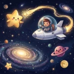 رسم توضيحي ملون لرائد فضاء صغير في مركبته الفضائية برفقة نجمة النوم المضيئة، في مشهد خيالي من قصة مغامرة رائد الفضاء الصغير ونجمة النوم.